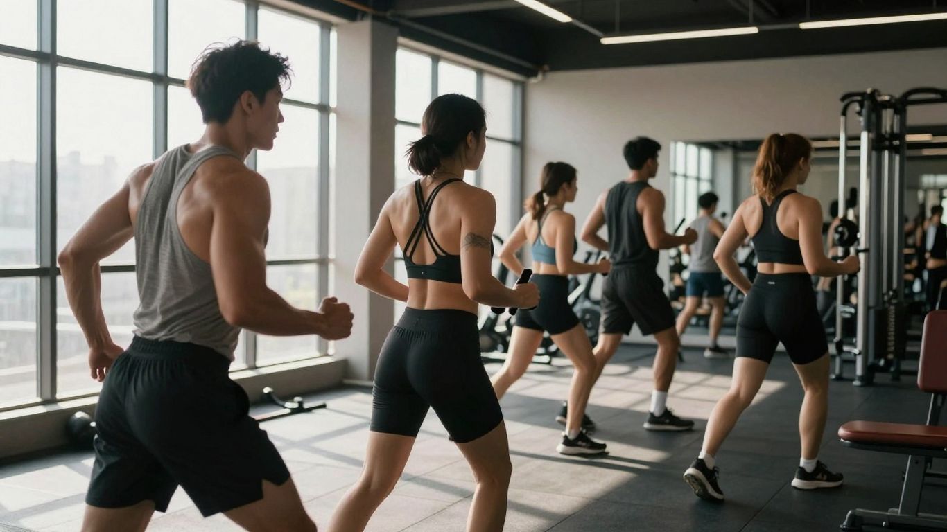 People working out in a bright, modern gym.