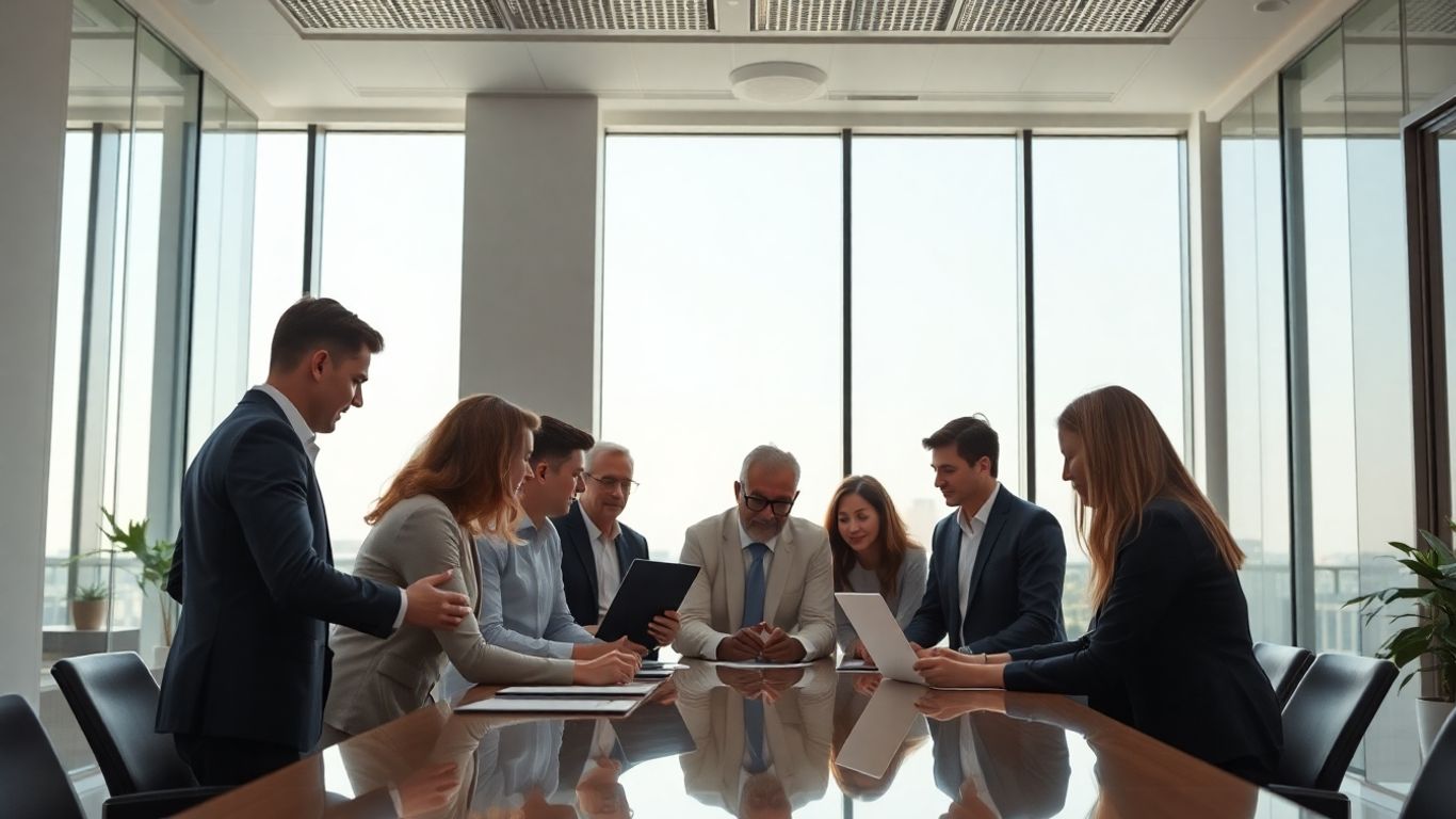 Profissionais em escritório moderno do BTG impulsionando carreira financeira.