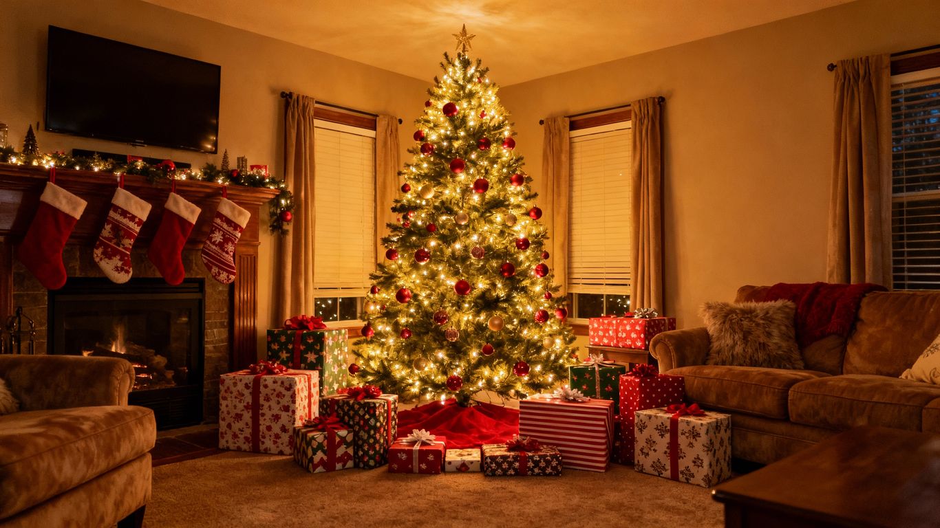 Holiday decorations in a warm, inviting living room.