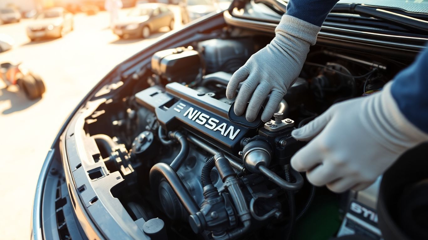 Dismantled Nissan car engine with mechanic's hands.
