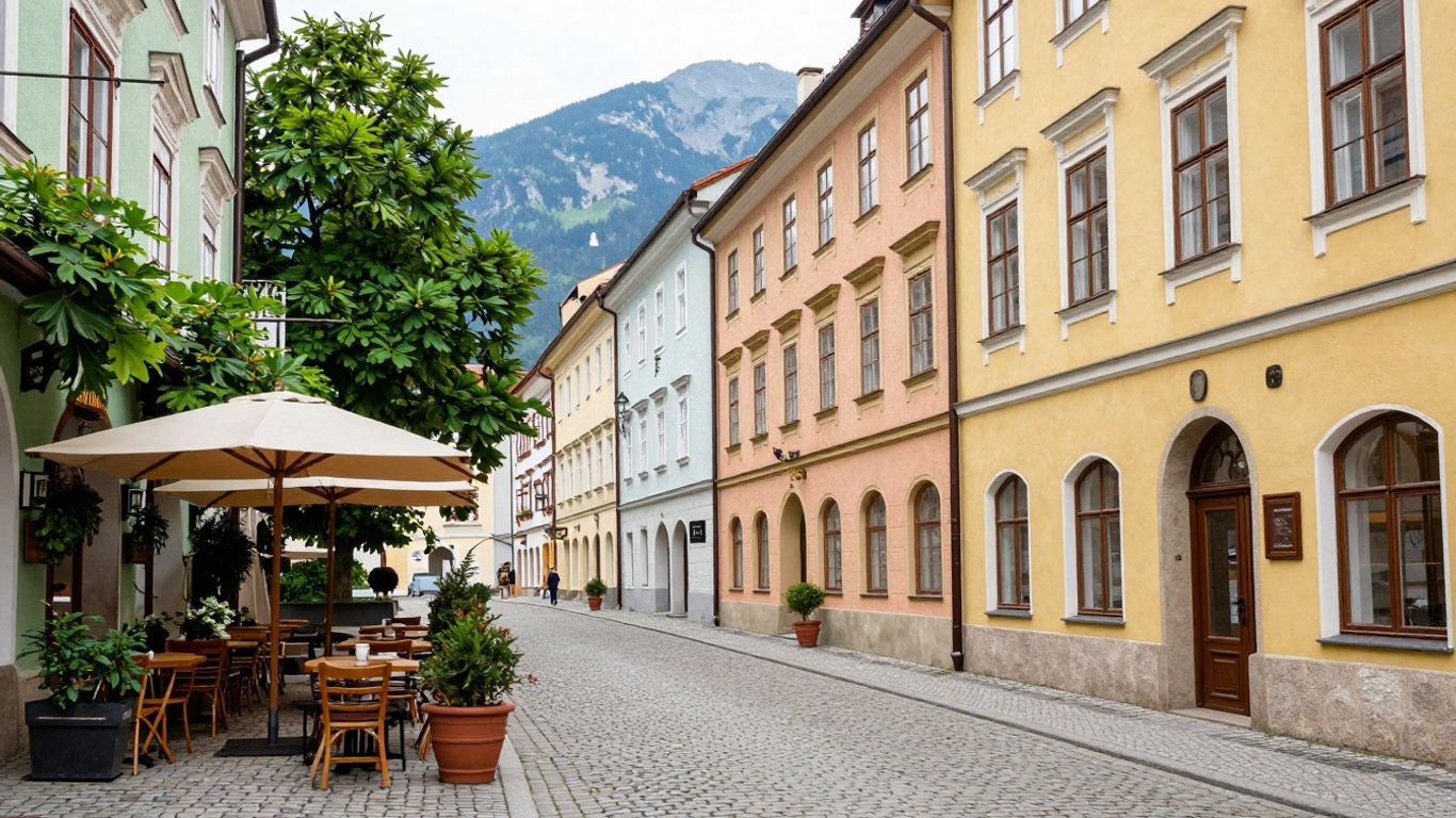 Österreichische Stadtansicht mit bunten Gebäuden und Kopfsteinpflaster.