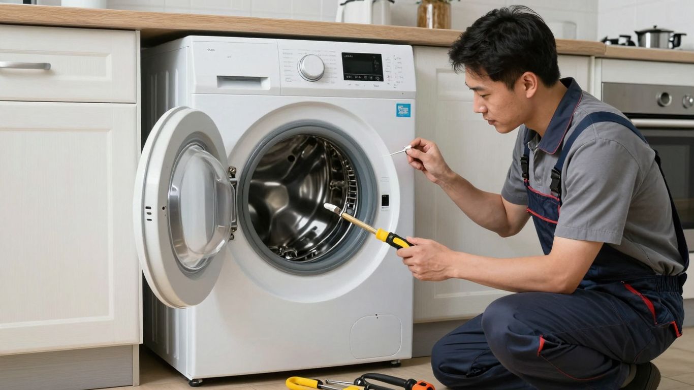 Appliance repair technician working on a washing machine.