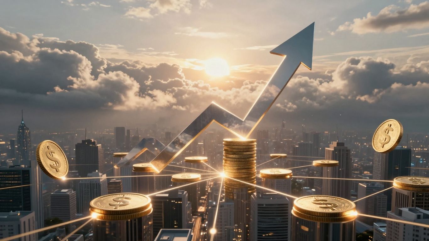 Abstract financial tokens connecting in a digital cityscape.