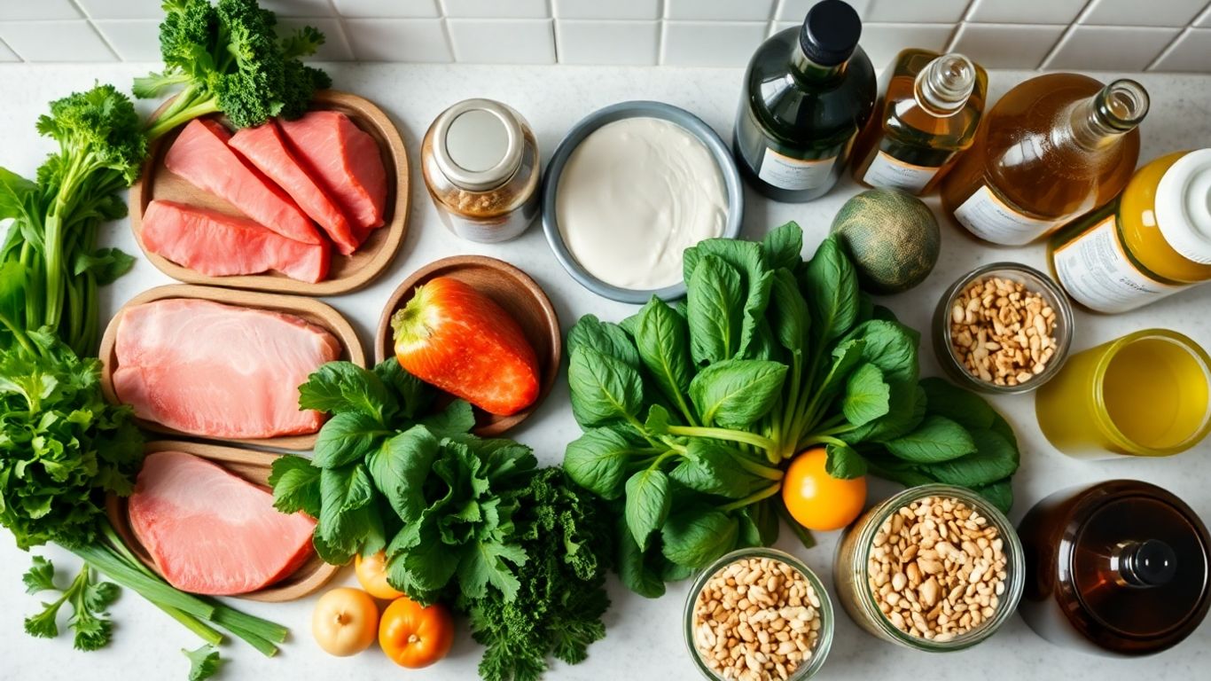 Keto groceries on a kitchen counter.