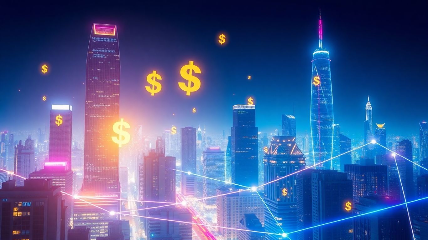 Futuristic cityscape with floating digital currency symbols.