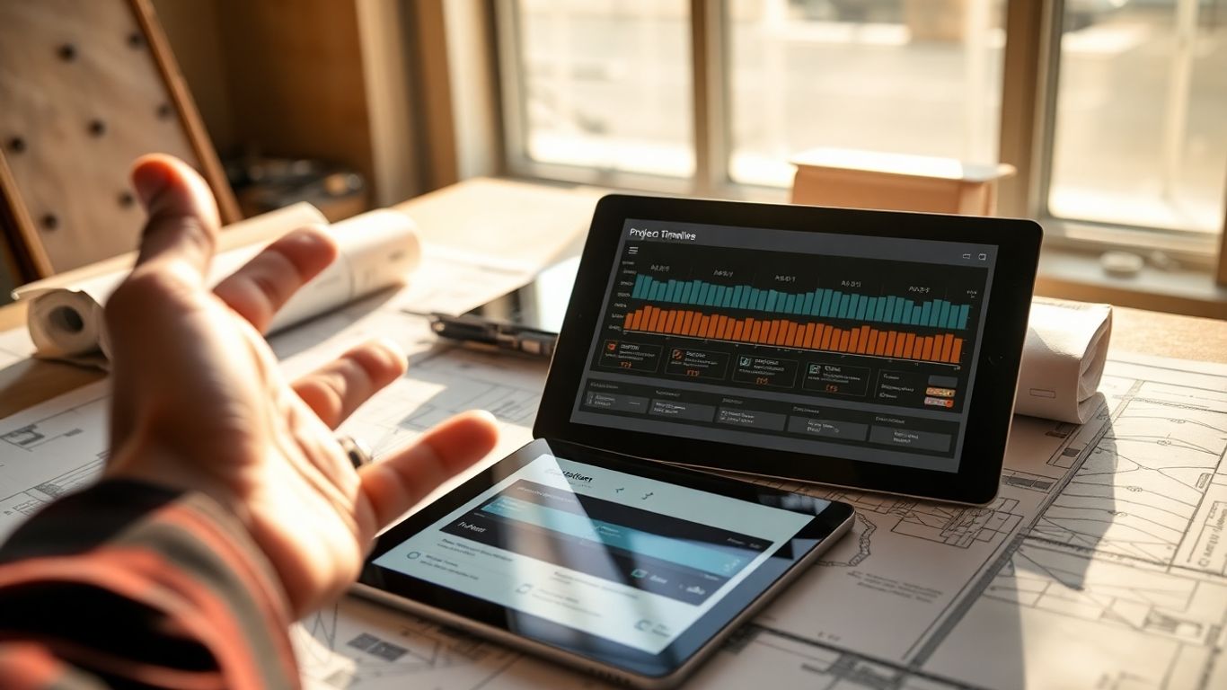Construction project files and digital devices on a table.