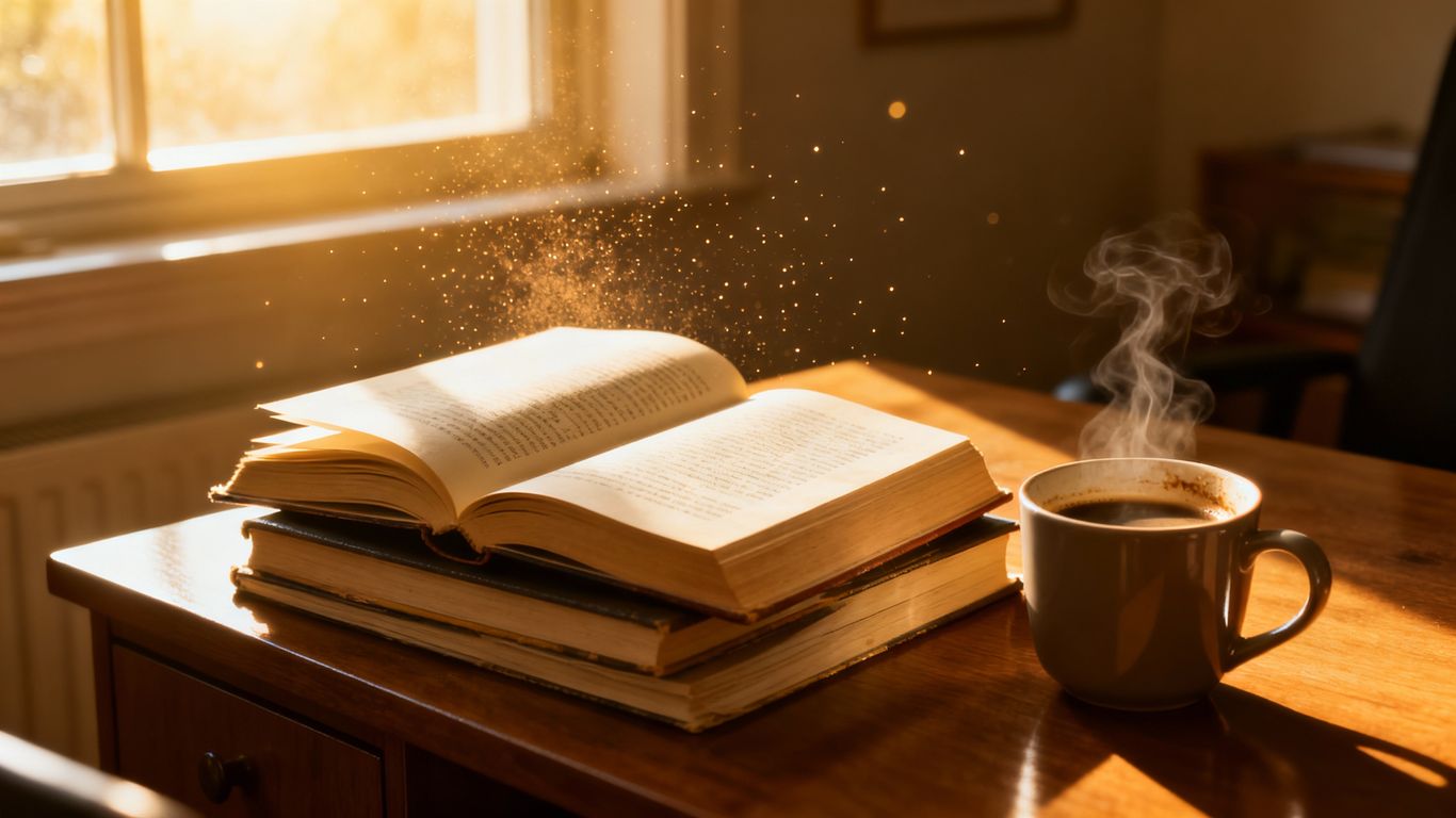 Stack of books on a desk with sunlight and coffee.