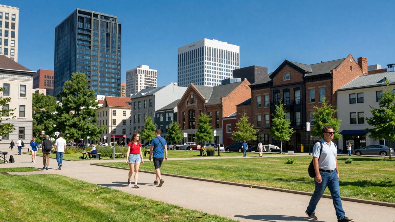 Paysage urbain français avec espaces verts et habitants.