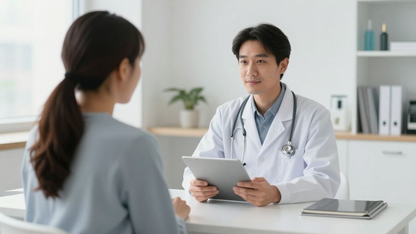 Doctor consulting patient about weight loss in a clinic.