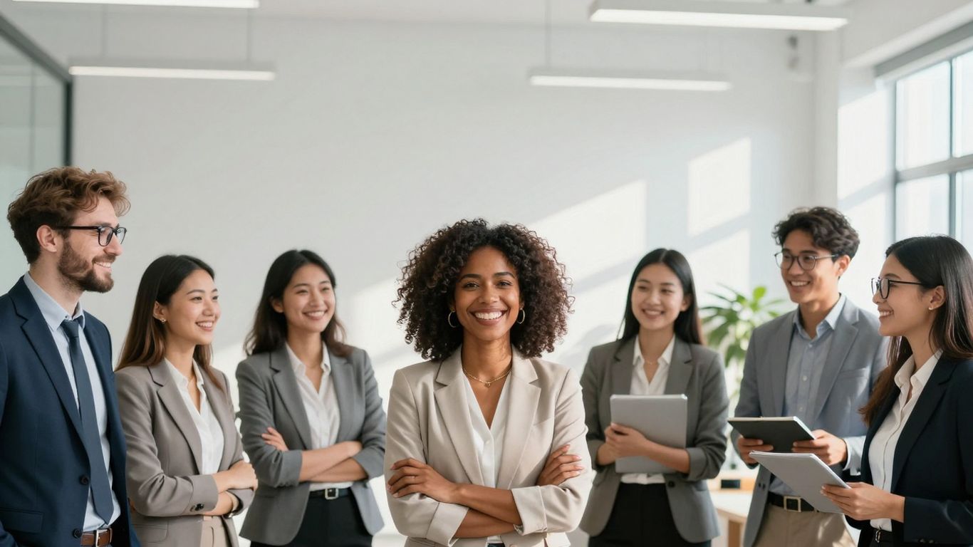 Pessoas sorrindo em um ambiente de escritório moderno e profissional.
