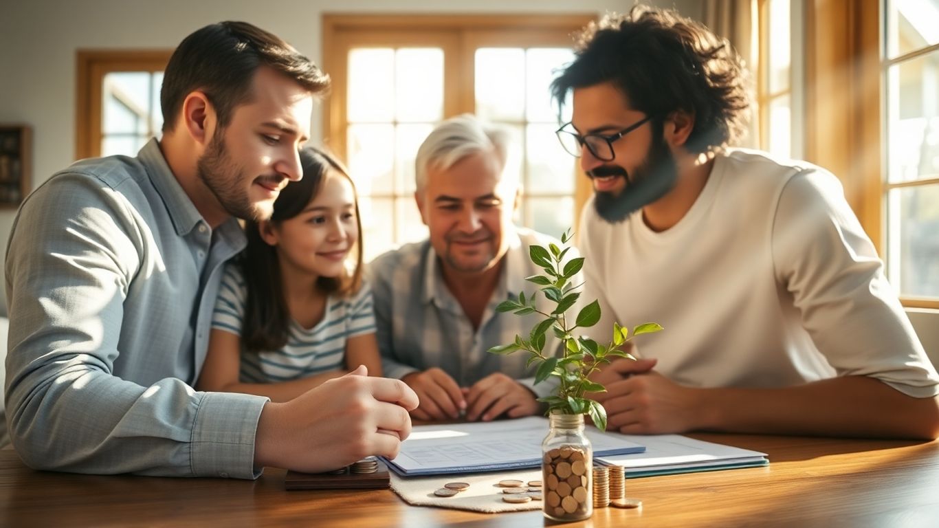 Família planejando finanças em casa.