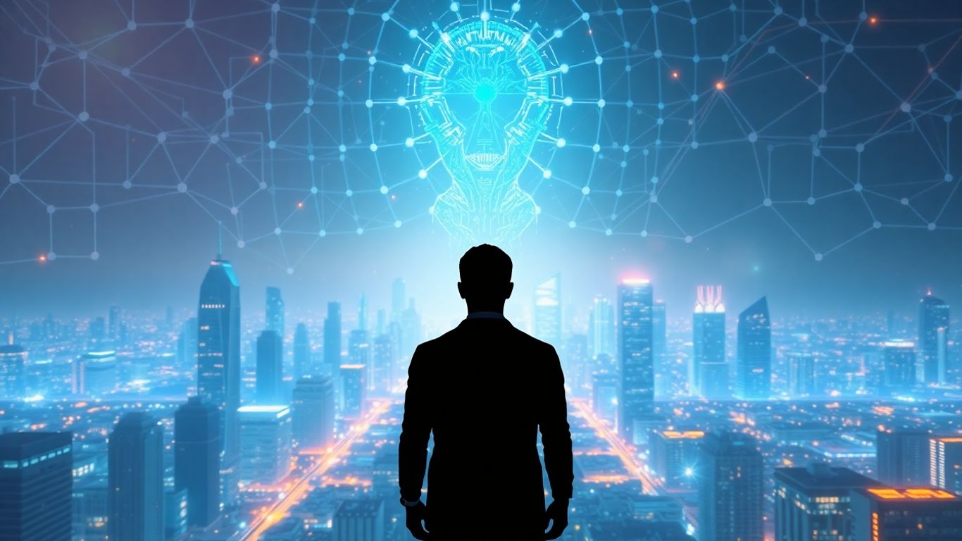 Human silhouette against futuristic AI cityscape.