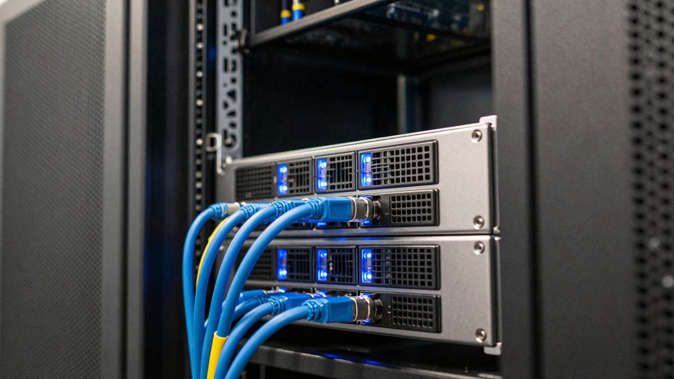 Server rack with glowing blue lights and cables.