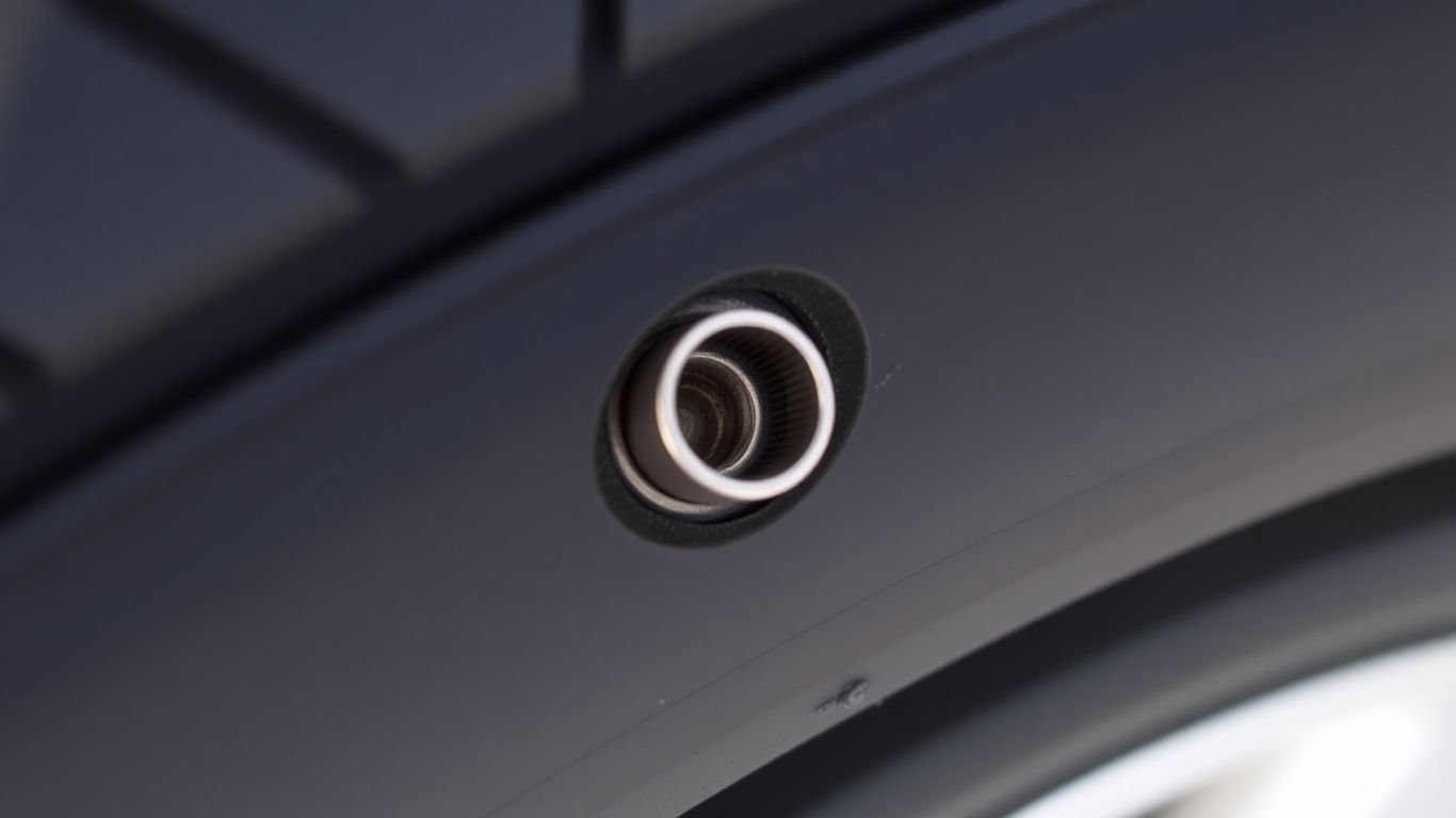 Car tire with missing valve stem cap.