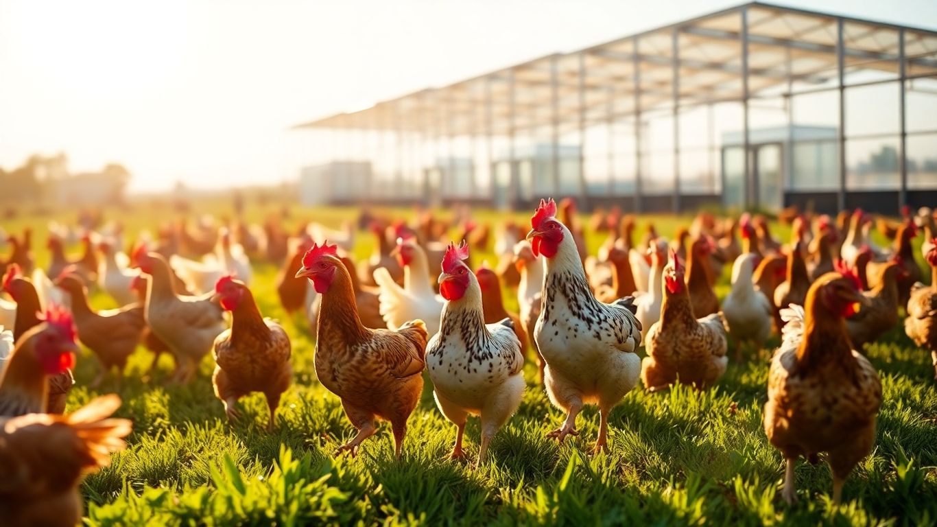 Sustainable poultry farm with chickens in a green field.