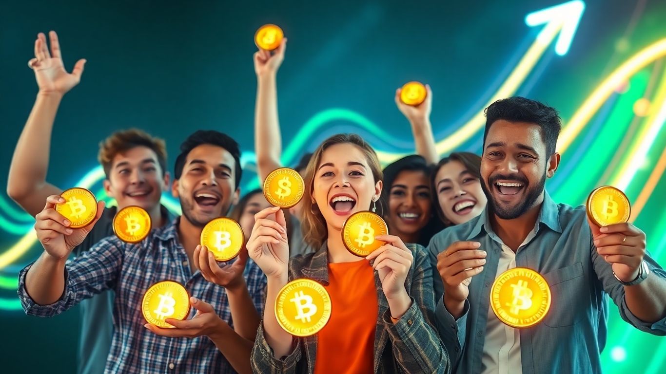 Pessoas felizes com moedas digitais brilhantes.