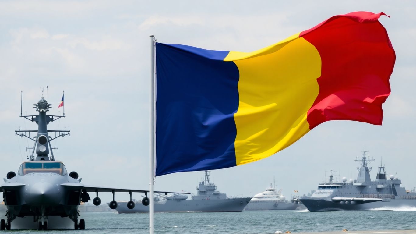 Steagul României și echipament militar modern.