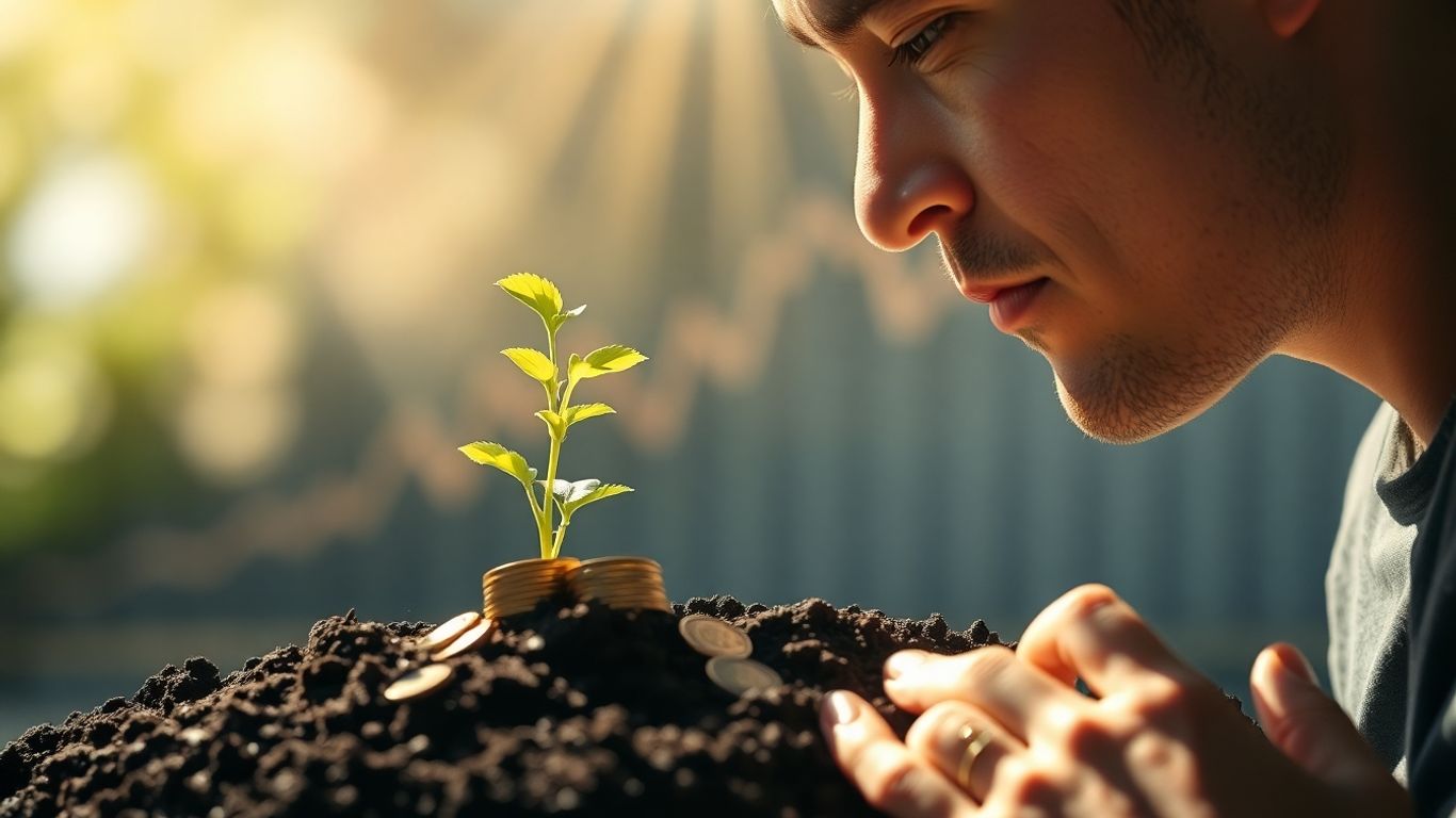 Person looking at money plant with coins and banknotes.
