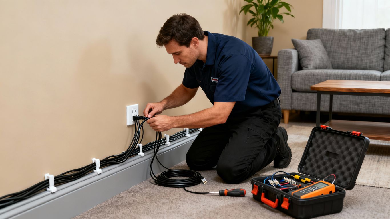 Home network cabling installation in progress.