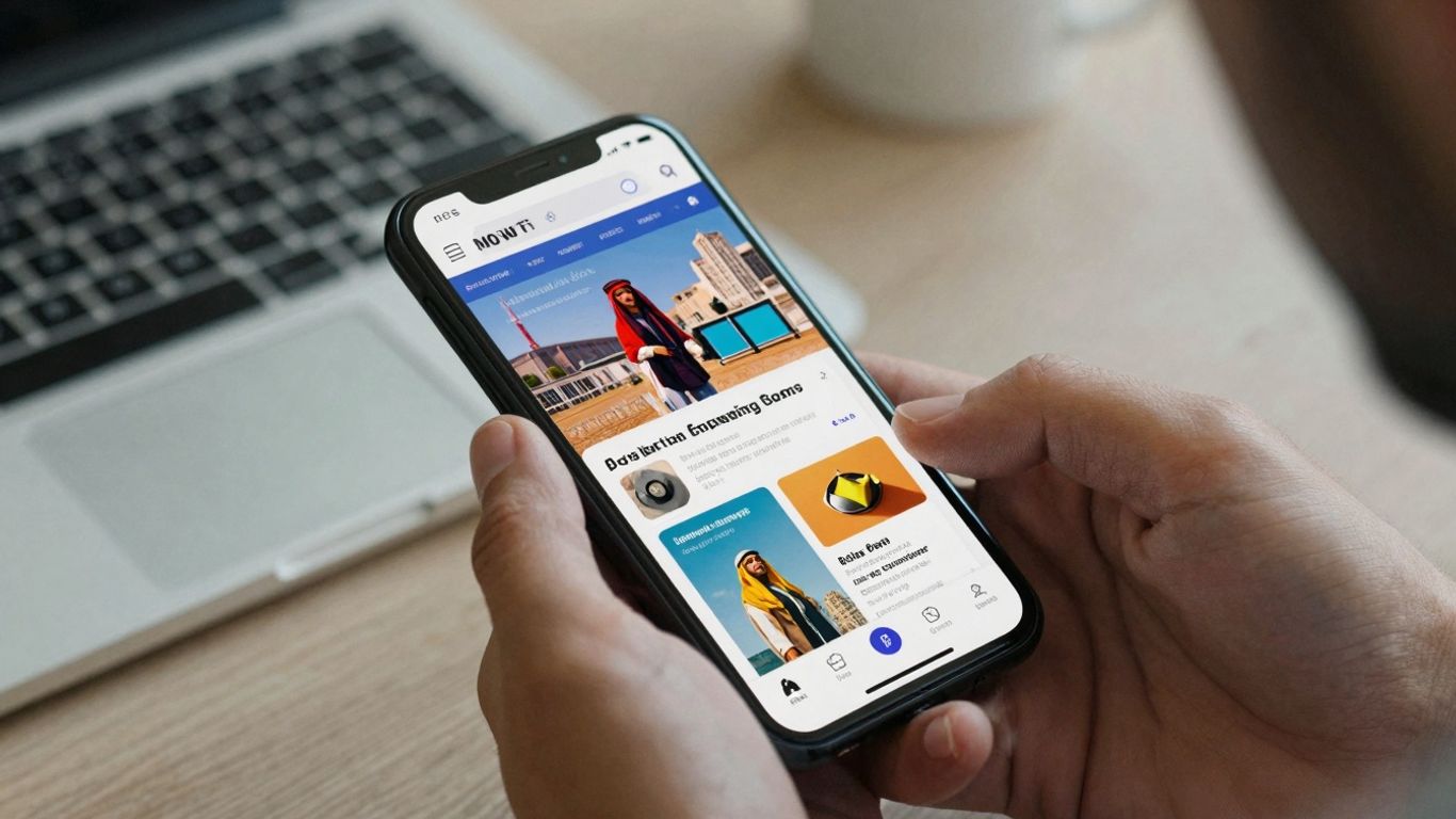 Hands holding smartphone with digital newsletter on screen.