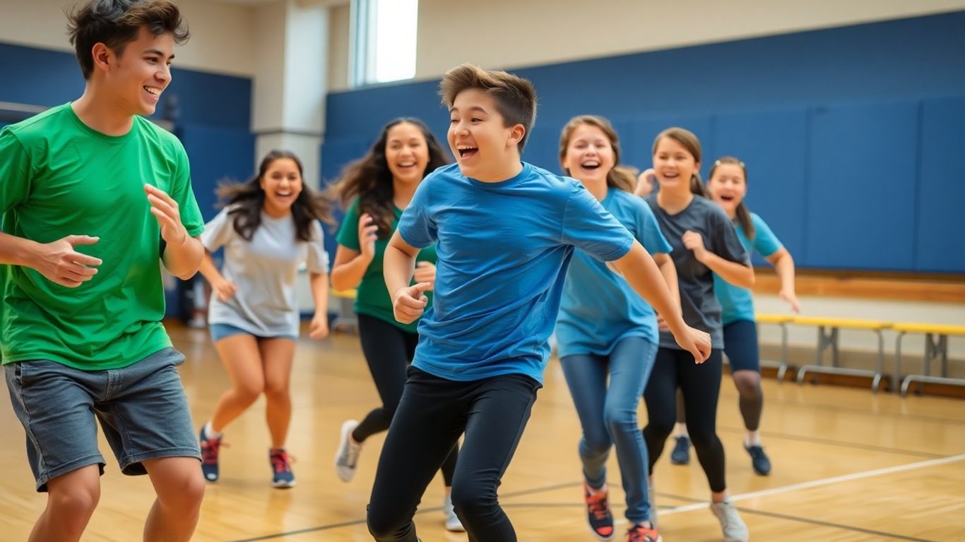 Jugendliche spielen begeistert Aufwärmspiele im Sportunterricht.