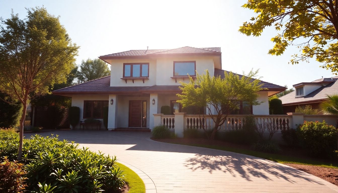 A modern house with a well-kept garden under sunlight.