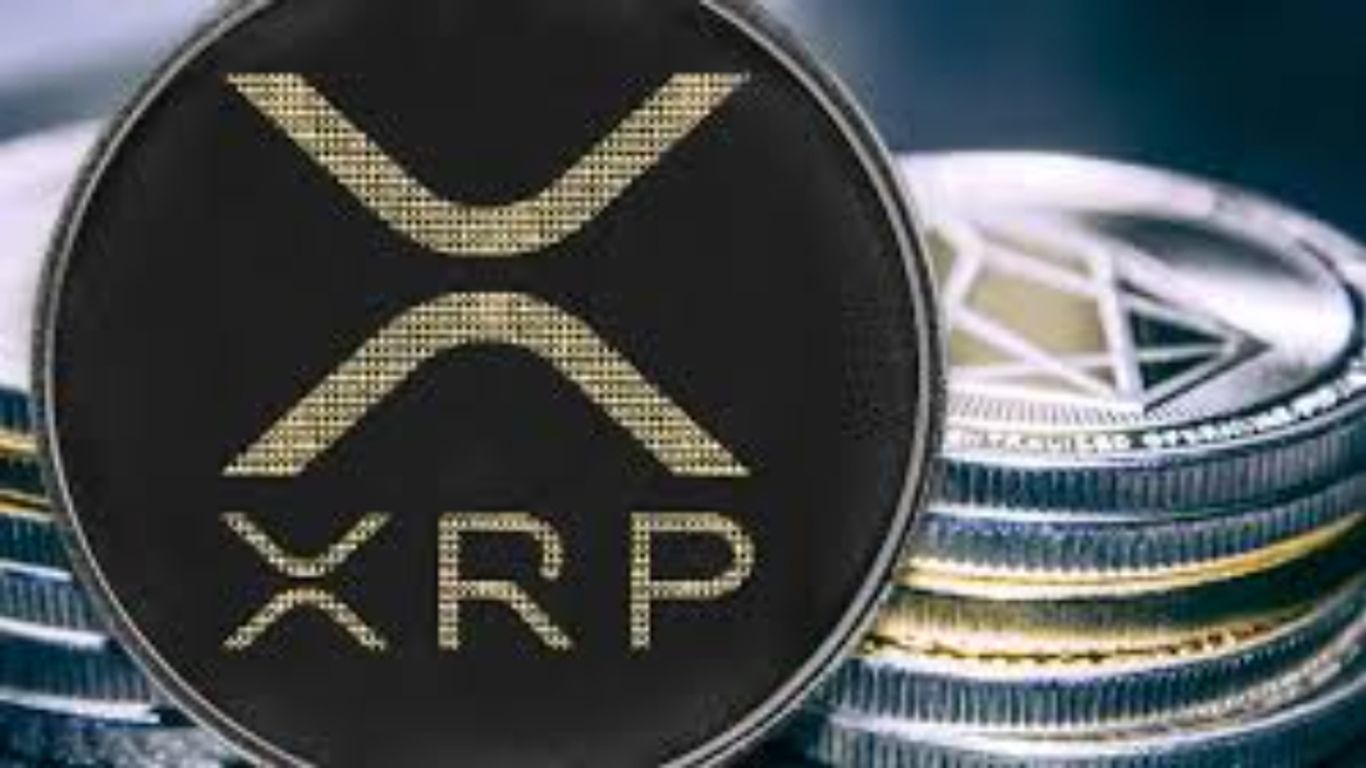 Digital currency with the XRP logo, surrounded by coins.