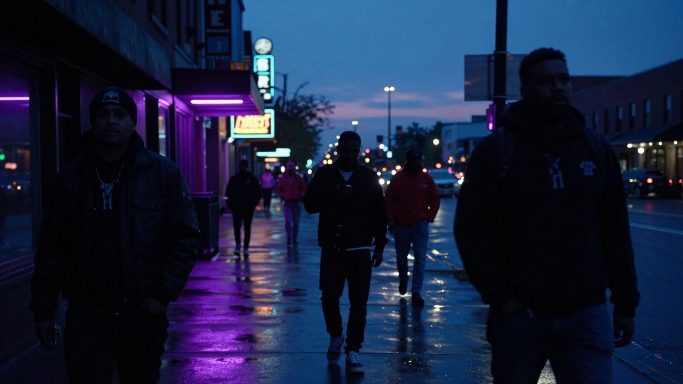 Detroit street at dusk with neon lights and silhouettes.