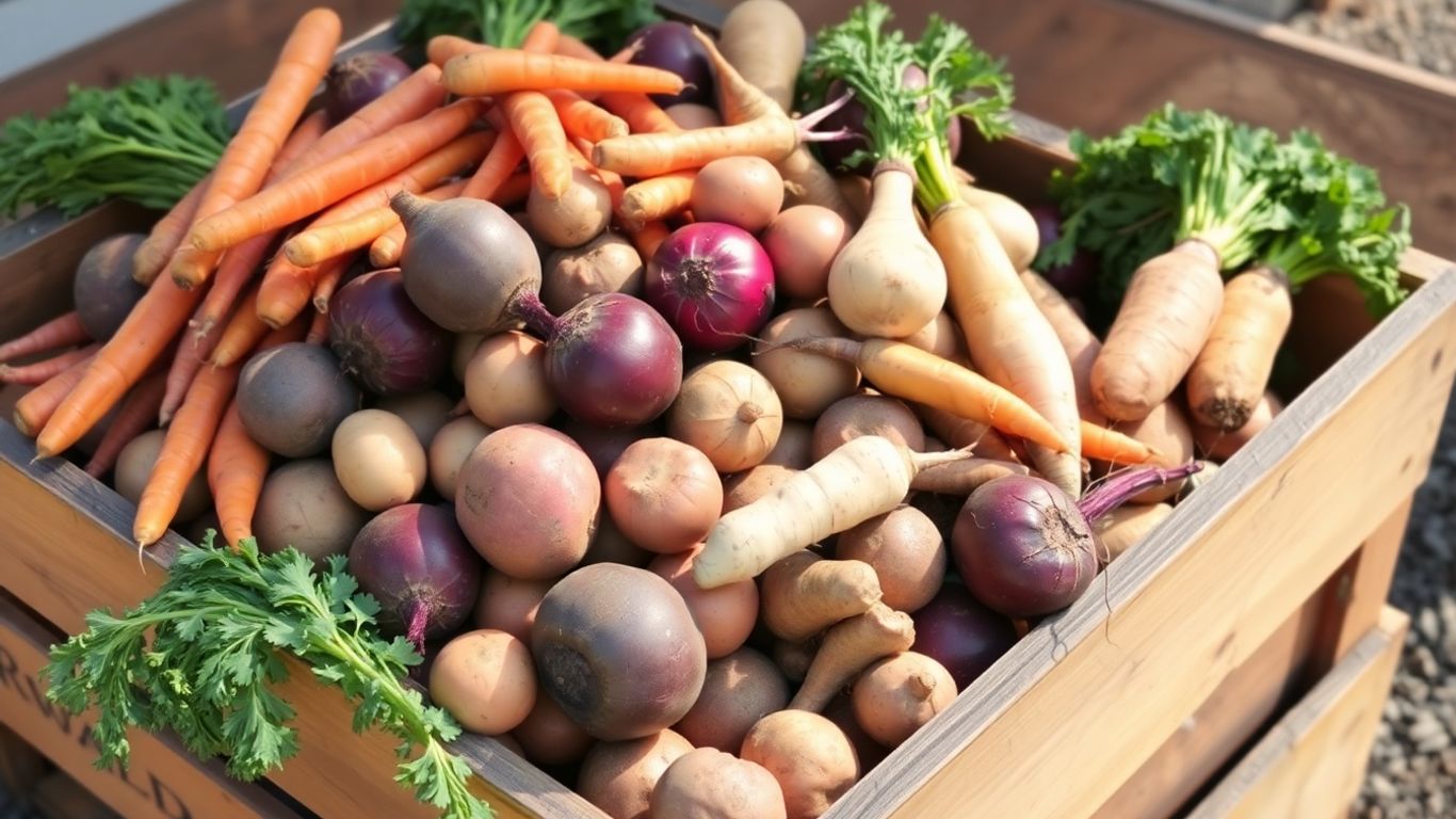 Verschiedene Wurzelgemüse in einer Holzkiste