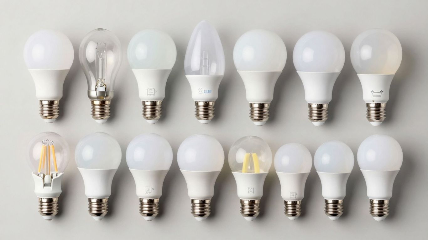 Various UK light bulbs on a neutral background.