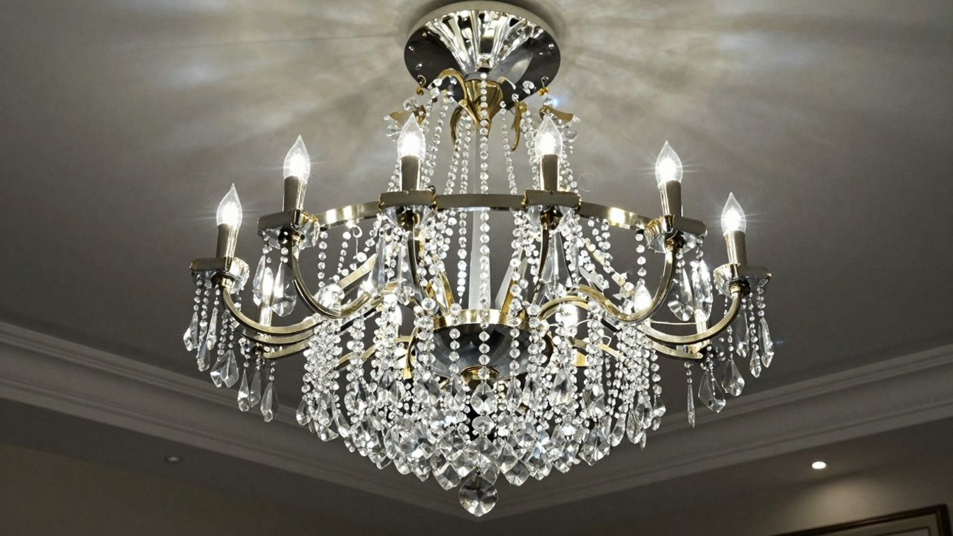 Modern crystal chandelier in an elegant UK home.