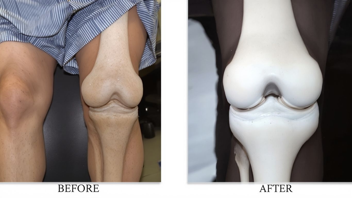 Rodilla antes y después de cirugía de reemplazo.