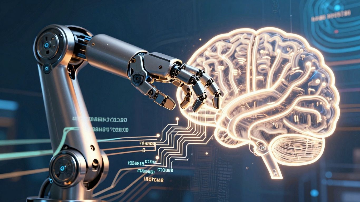 Robot arm and digital brain infographic