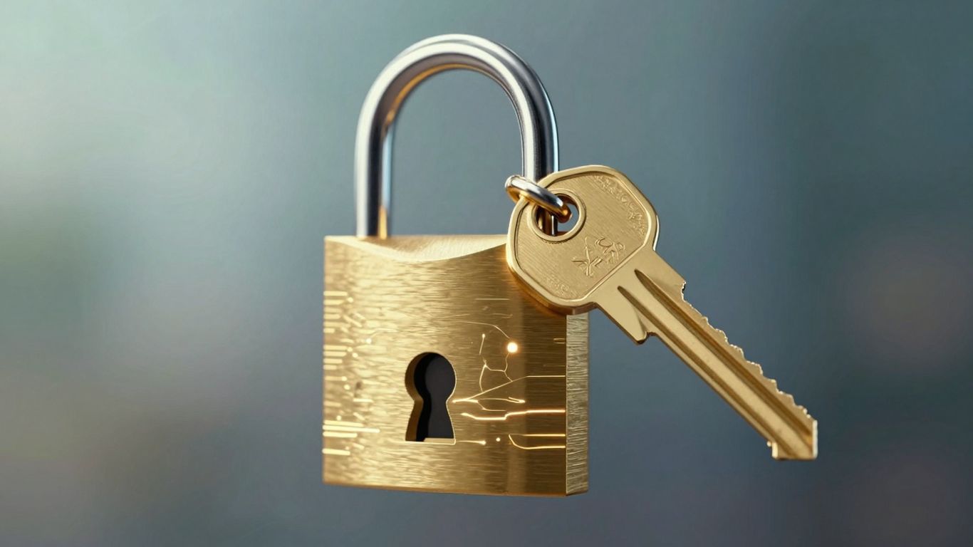 Golden key unlocking a digital padlock, SEO concept.