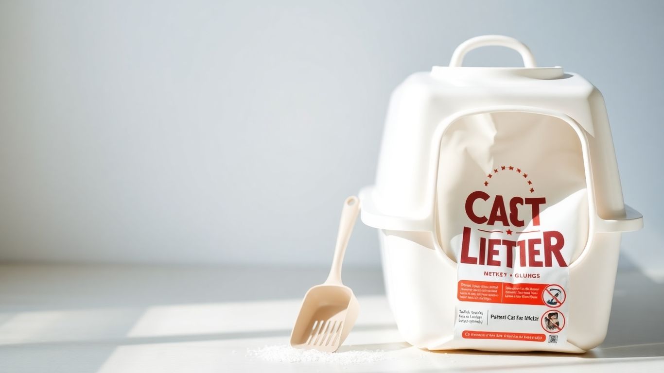 Cat litter box and scoop with bag of litter.