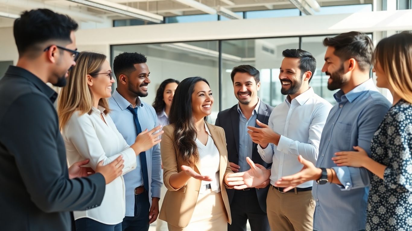 Diverse team collaborating in a bright office environment.