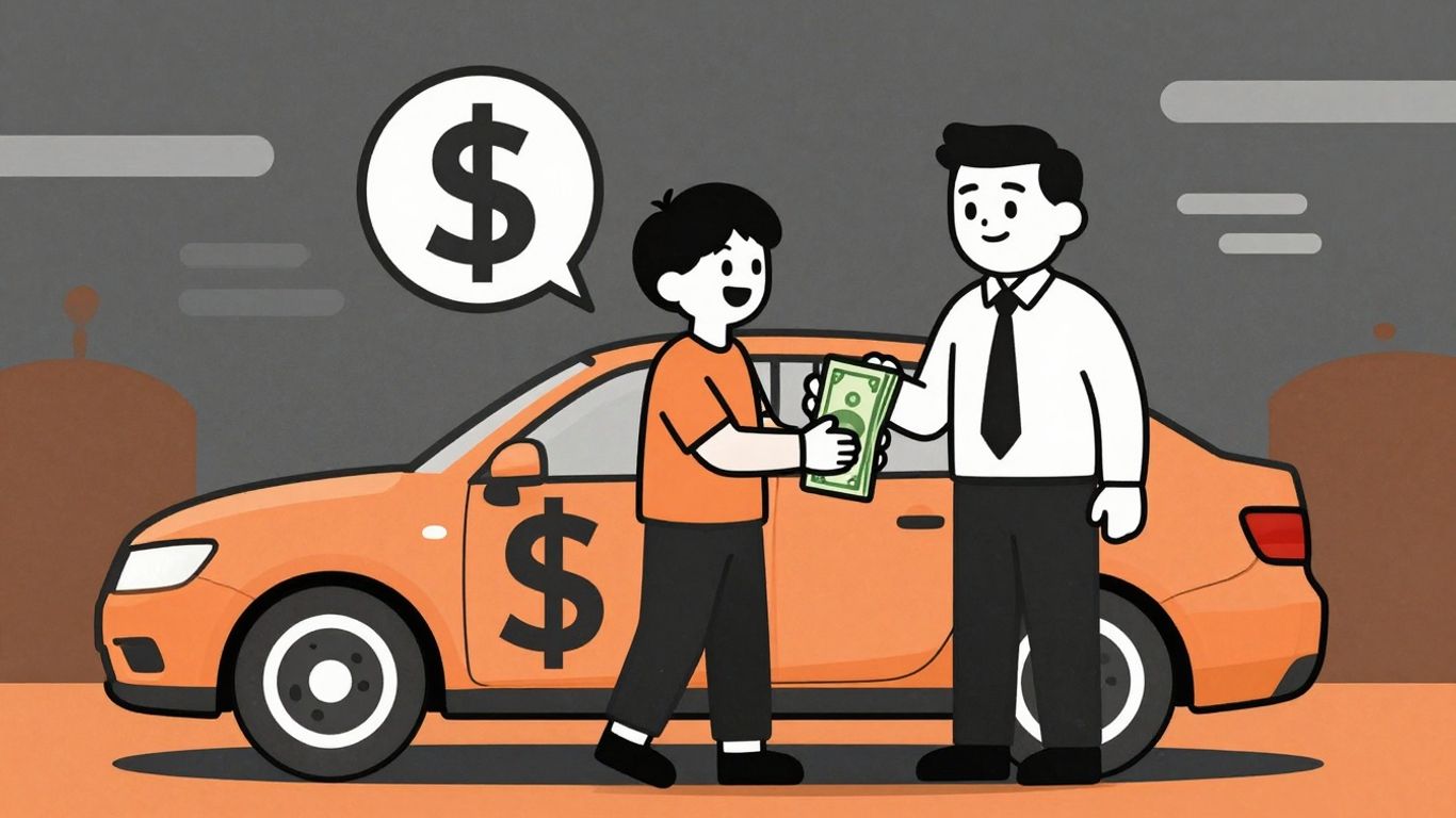 Cartoon car with dollar sign and money exchange.