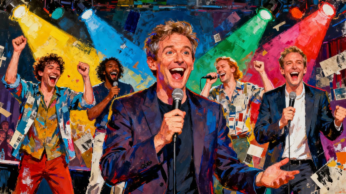 British comedians performing on stage with spotlights.