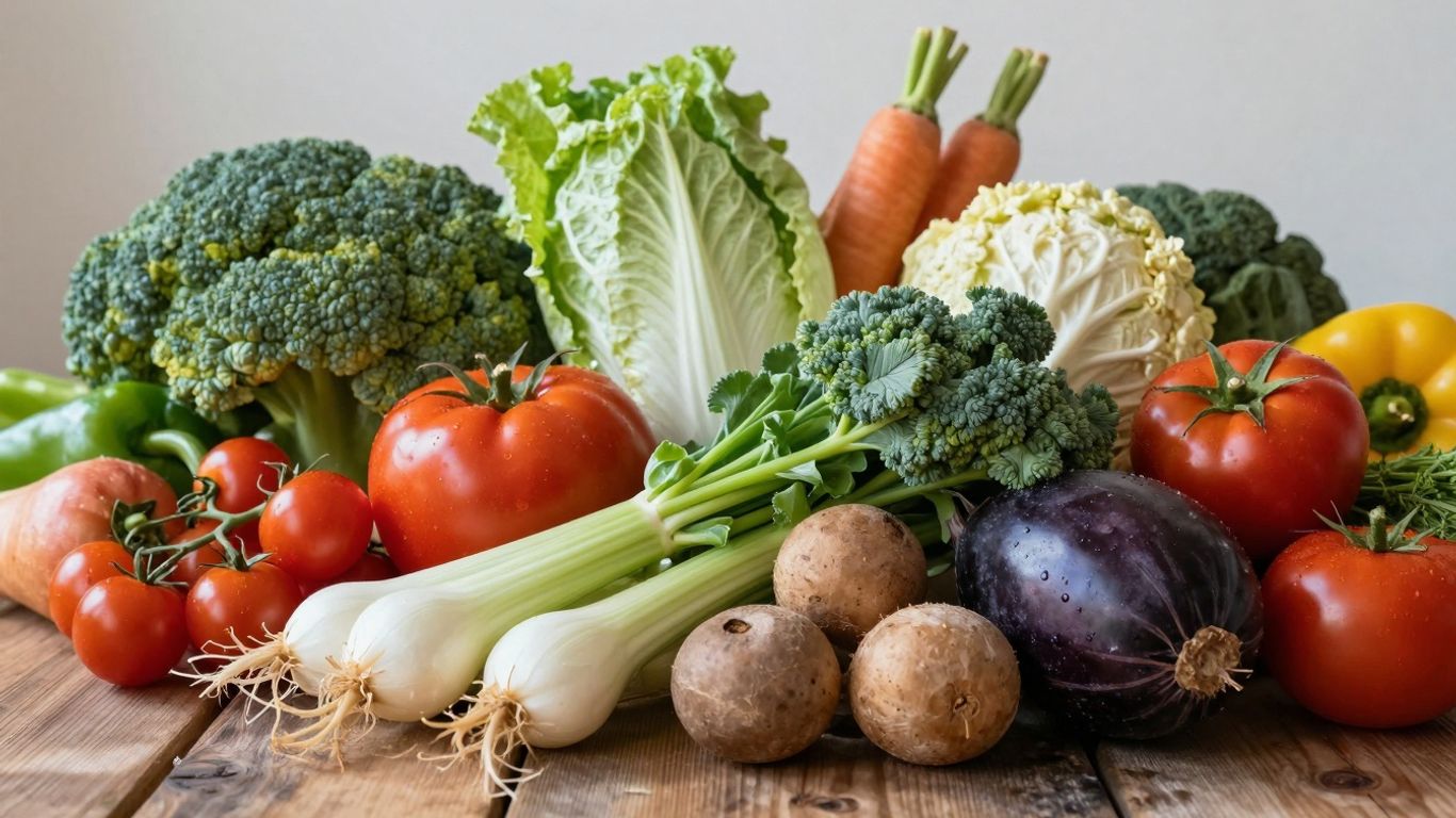 Frisches Gemüse und Obst auf einem Holztisch