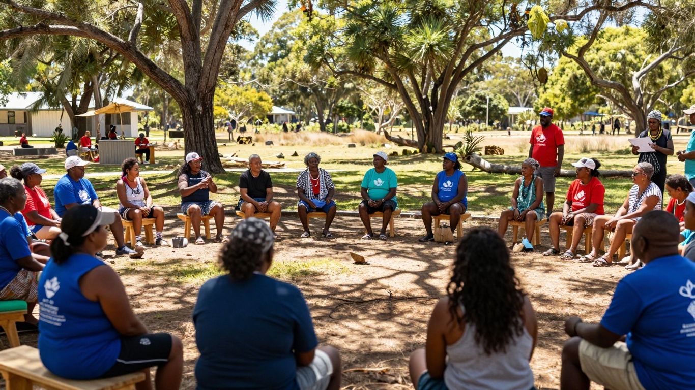 Indigenous Australians in a vibrant, natural outdoor community setting.