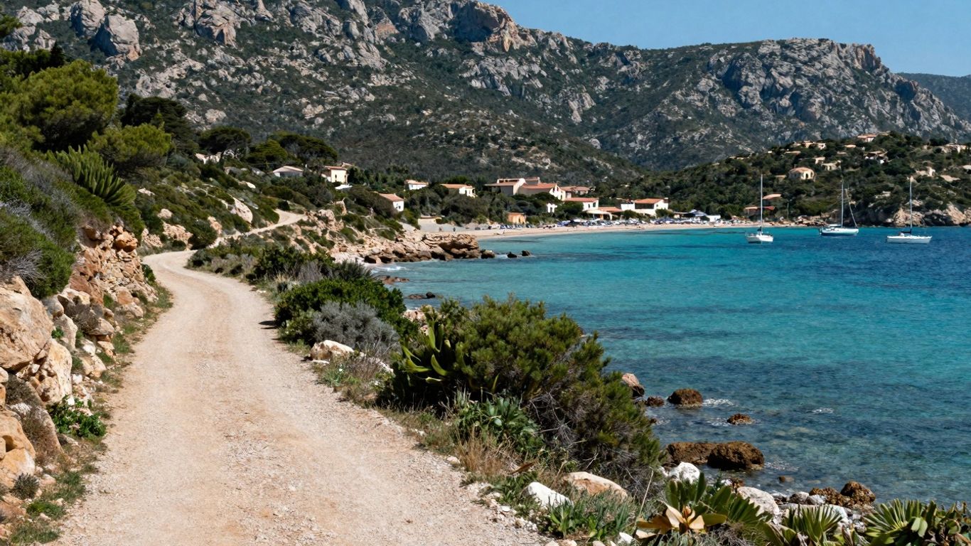 Coastal path overlooking turquoise bay in Porto Vecchio, Corsica.