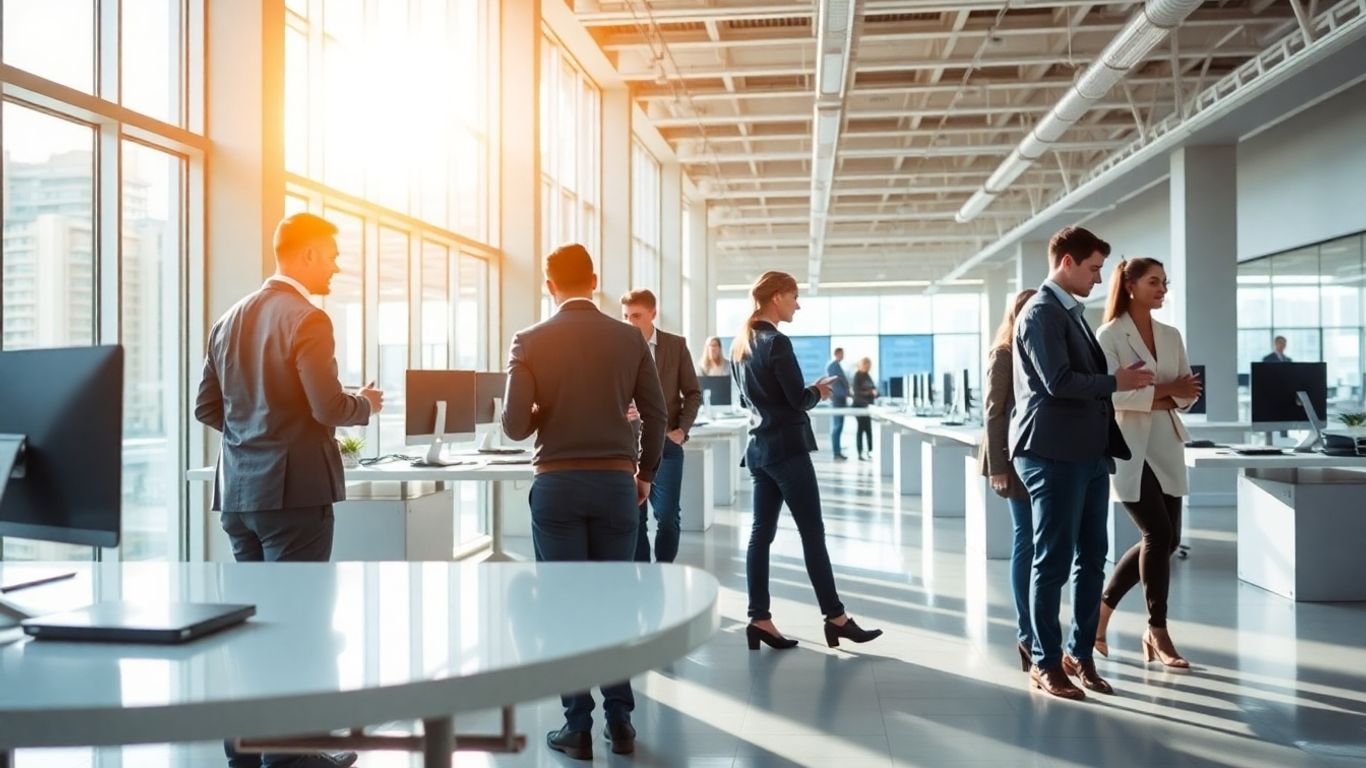 Personas trabajando juntas en una oficina moderna y eficiente.