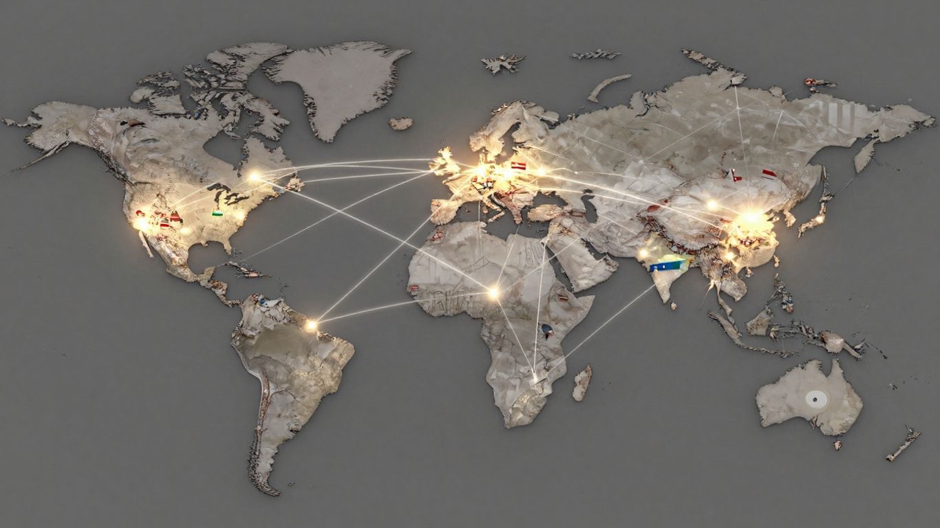 Harta lumii cu linii interconectate și steaguri.