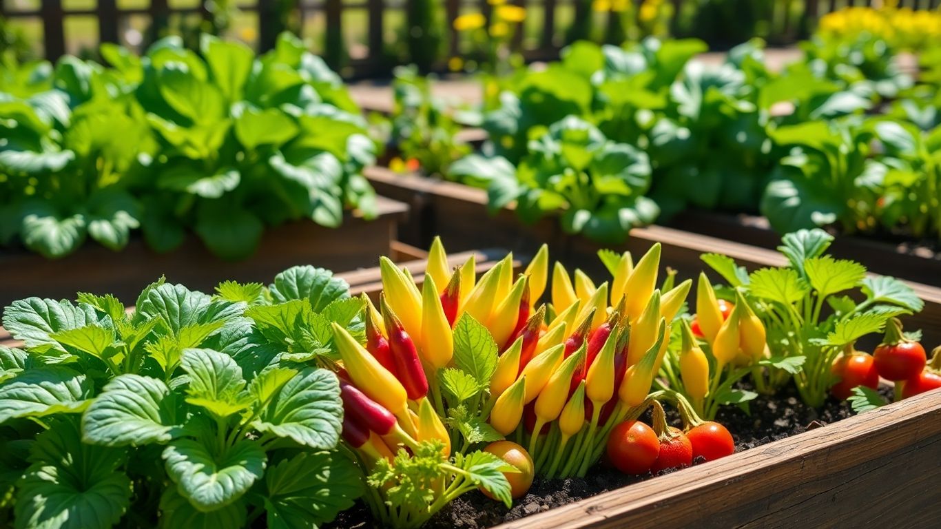 Healthy vegetable plants growing in a sunny garden bed.