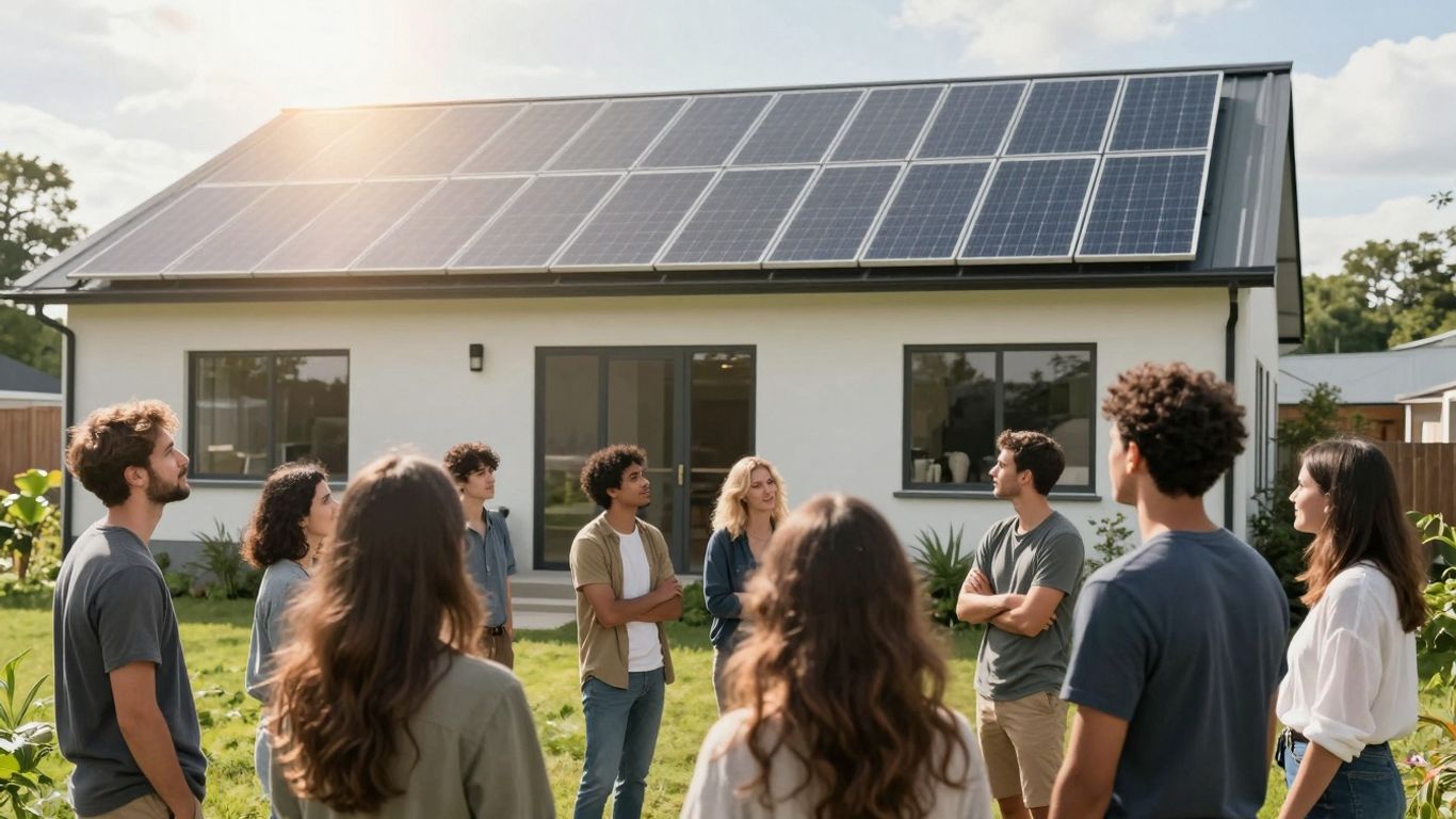 Panneaux solaires sur un bâtiment avec des gens en communauté.