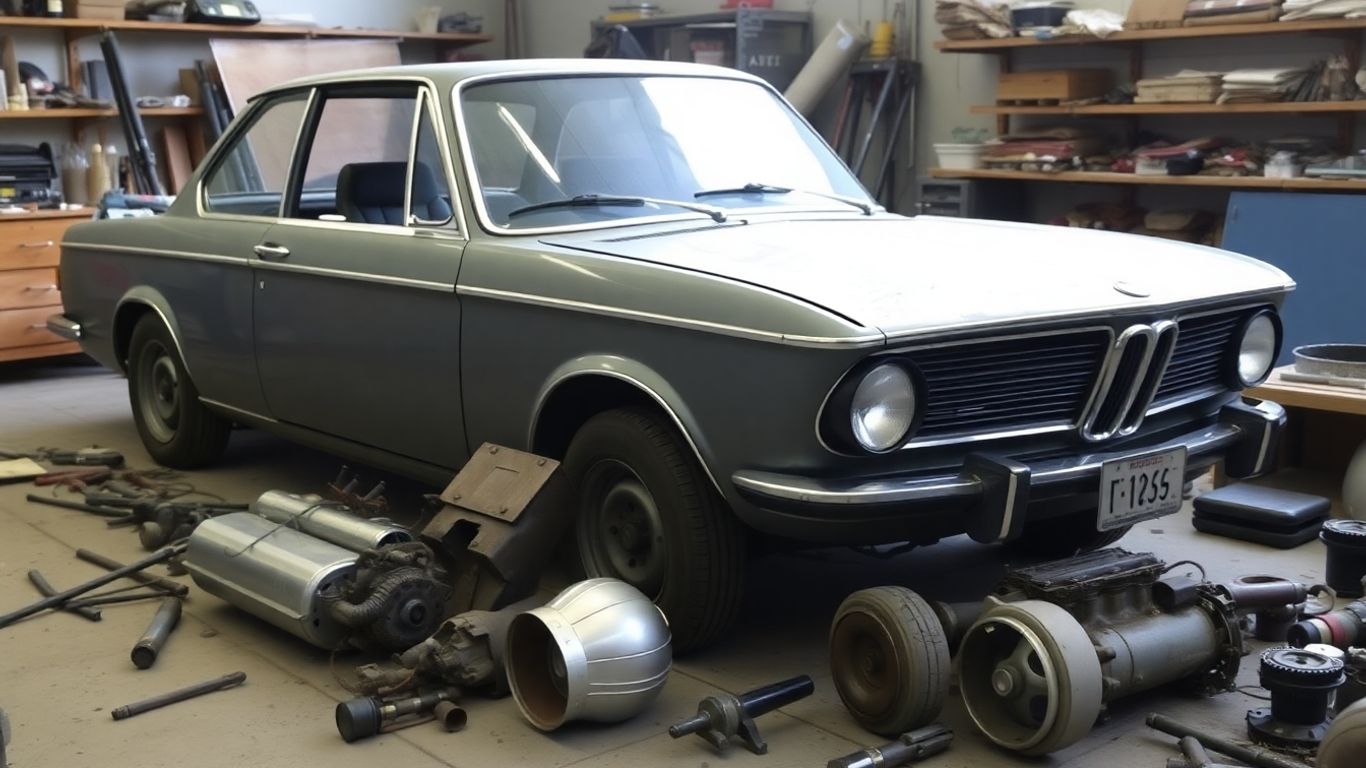 Vintage BMW classic car parts and tools in workshop