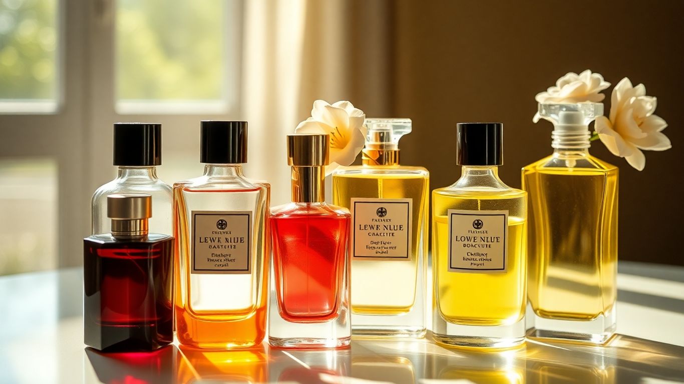 Elegant perfume bottles with floral and fruity elements.