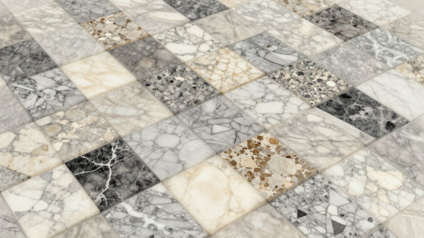 Checkerboard marble floor with travertine accents sketch.