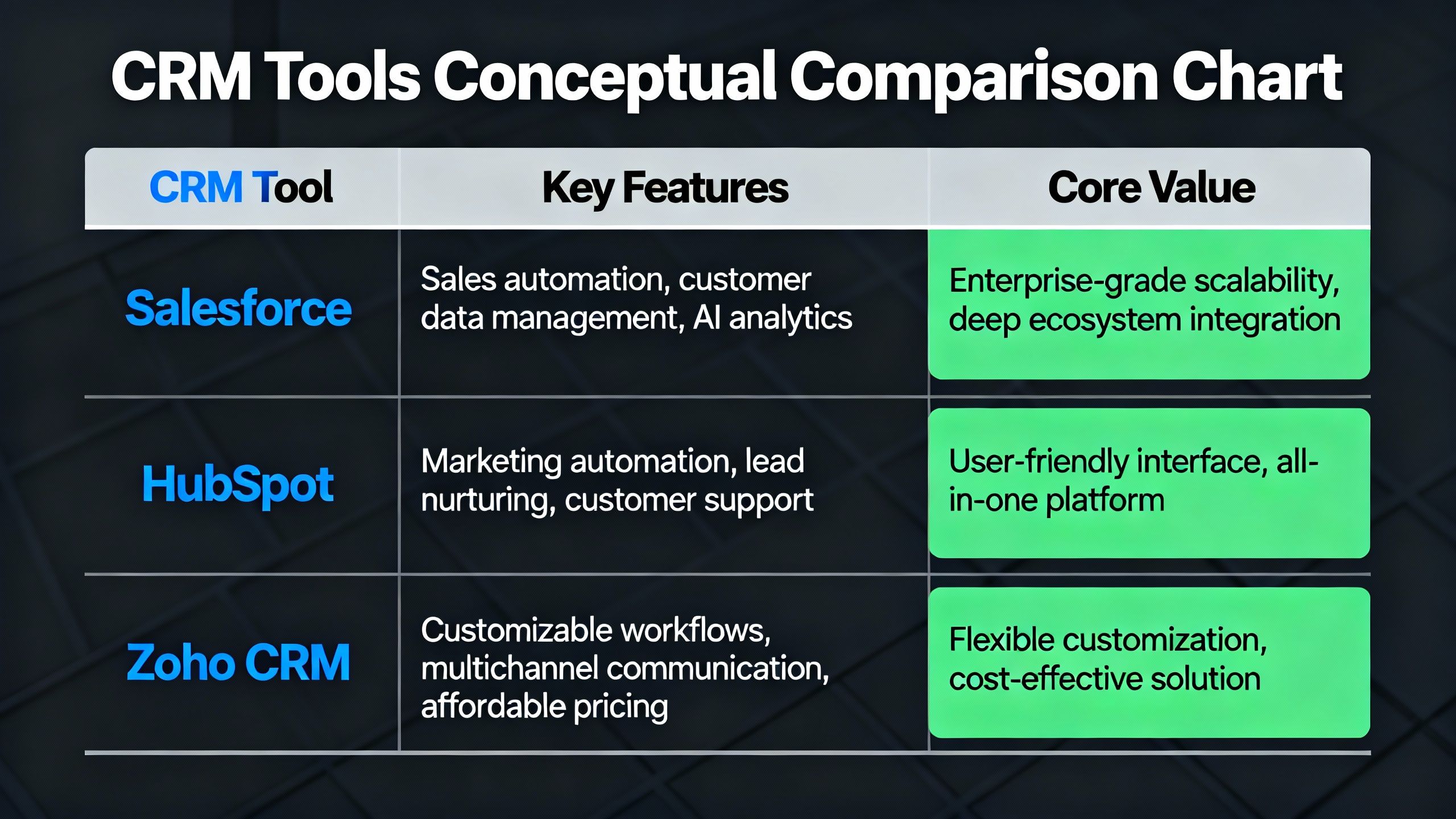 A conceptual comparison chart of CRM tools showing features and value