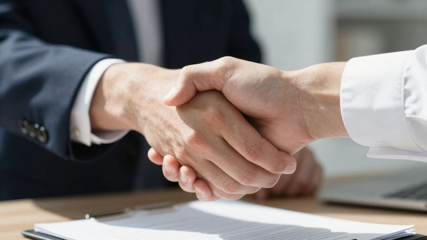Hands shaking over a business contract document.